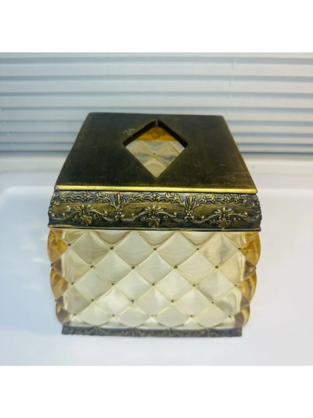 Vintage Amber Heavy Lucite Acrylic Square Tissue Box Holder Gold Ornate Regency